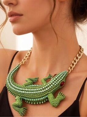 Statement Crystal Crocodile Necklace Green Rhinestone Bib Choker